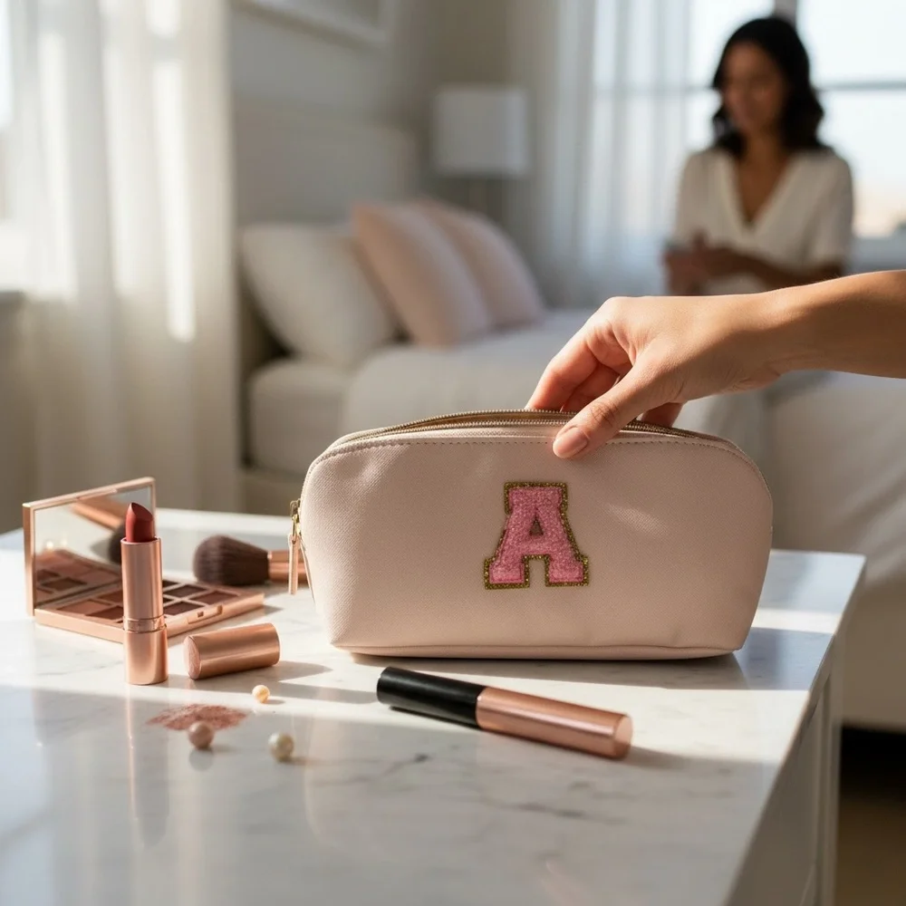 Beige Pouch Cosmetic Bag with Pink‎ Initial A , multiple pocket organizer